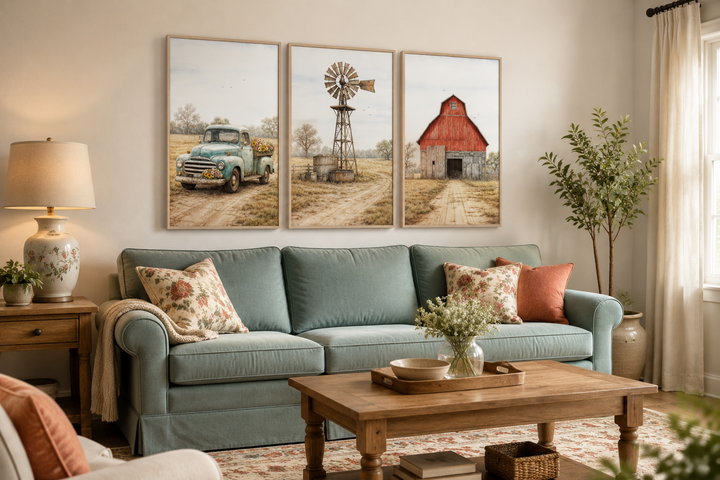 Set of 3 farmhouse canvas prints featuring a vintage blue truck, windmill, and red barn over a sofa.