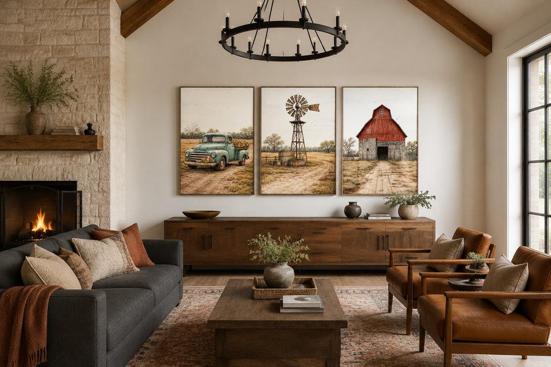 Set of 3 farmhouse canvas prints featuring a red barn, windmill, and vintage truck in a living room.