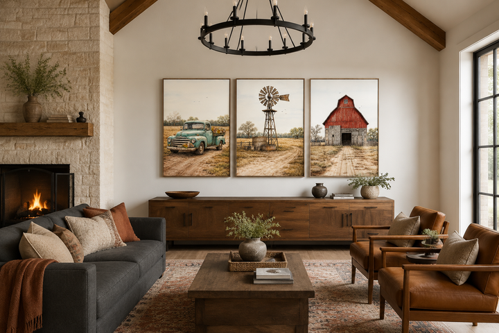 Set of 3 farmhouse canvas prints featuring a red barn, windmill, and vintage truck in a living room.