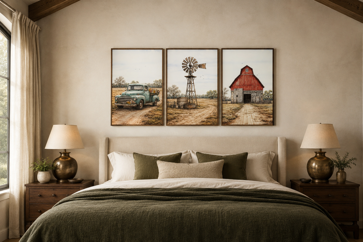 Set of 3 rustic farmhouse canvas prints featuring a vintage truck, windmill, and red barn.