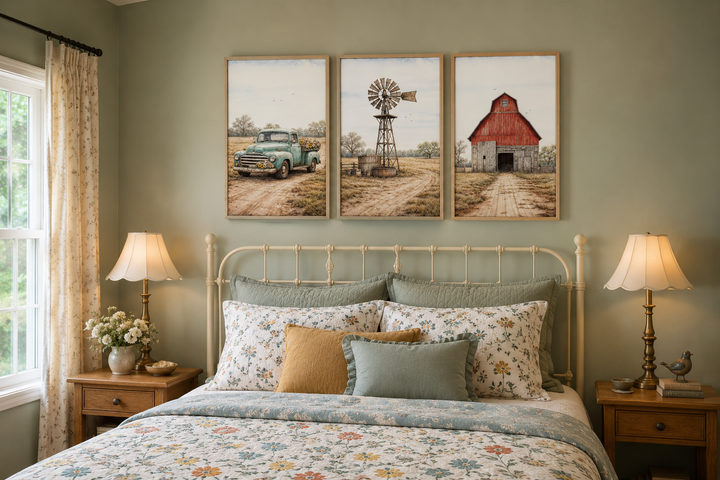 Set of 3 farmhouse canvas prints featuring a vintage truck, windmill, and red barn above a bed.