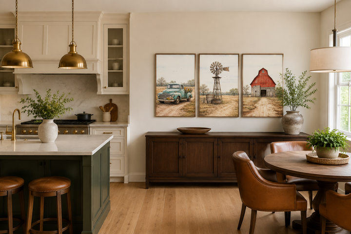 Set of 3 farmhouse canvas prints featuring a vintage truck, windmill, and red barn in a kitchen.