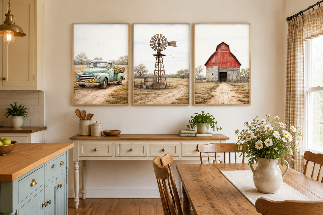 Set of 3 farmhouse canvas prints featuring a vintage truck, windmill, and red barn in a rustic room.