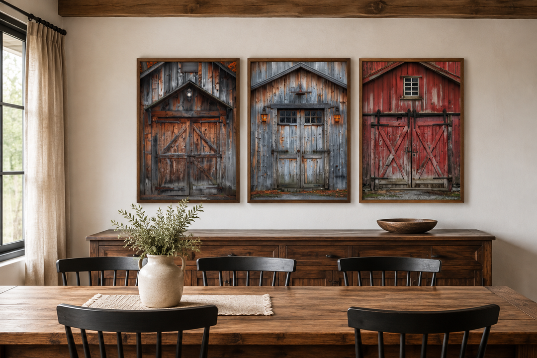 Set of three framed canvas paintings featuring rustic red, brown, and grey barn doors on a wall.