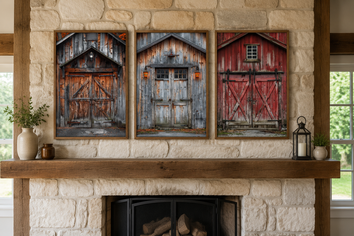 Set of three framed canvas paintings featuring rustic barn doors above a stone fireplace mantel.