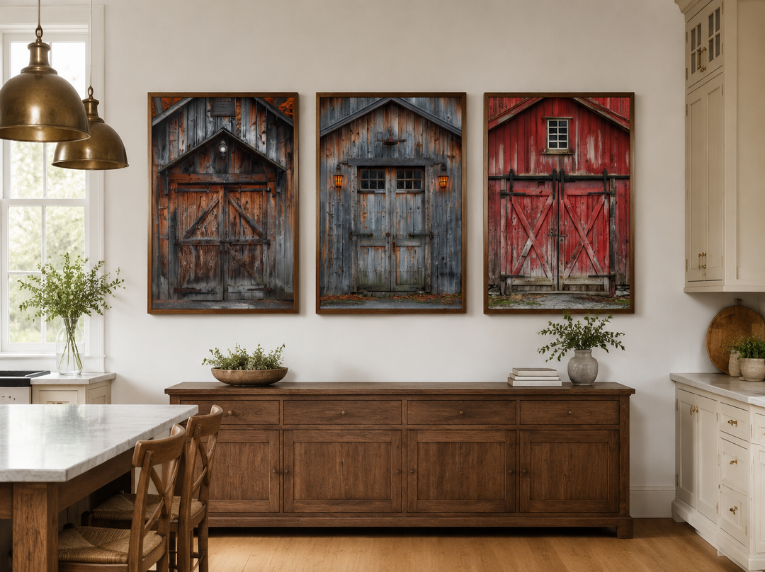Set of three framed canvas paintings featuring rustic barn doors in red, brown, and grey tones.