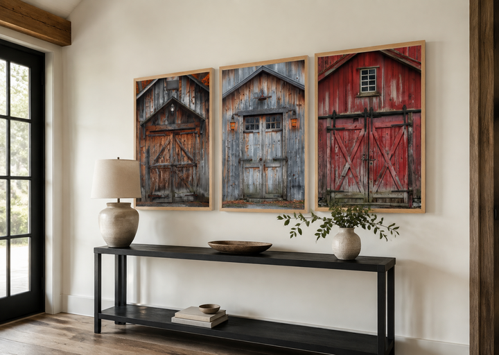 Set of three framed canvas paintings featuring rustic red, brown, and grey barn doors on a wall.