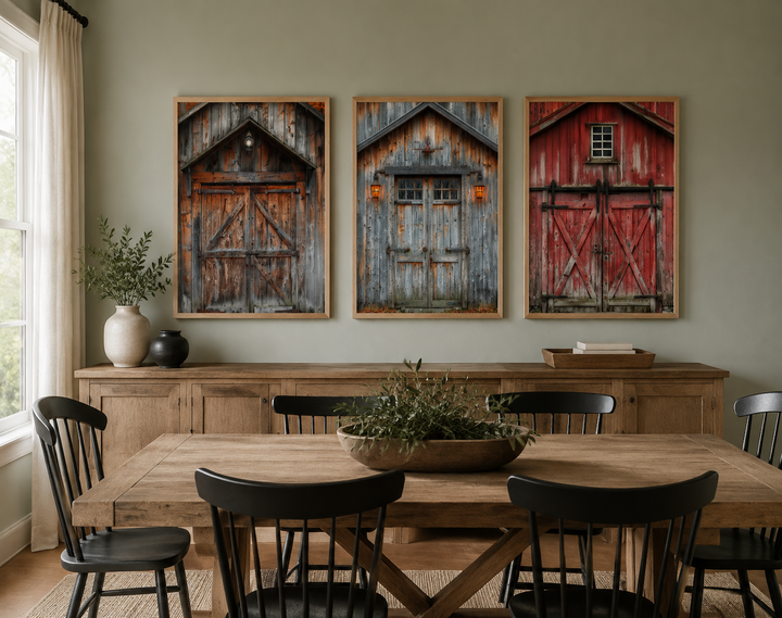 Set of three rustic barn door paintings in wooden frames above a sideboard in a dining room.
