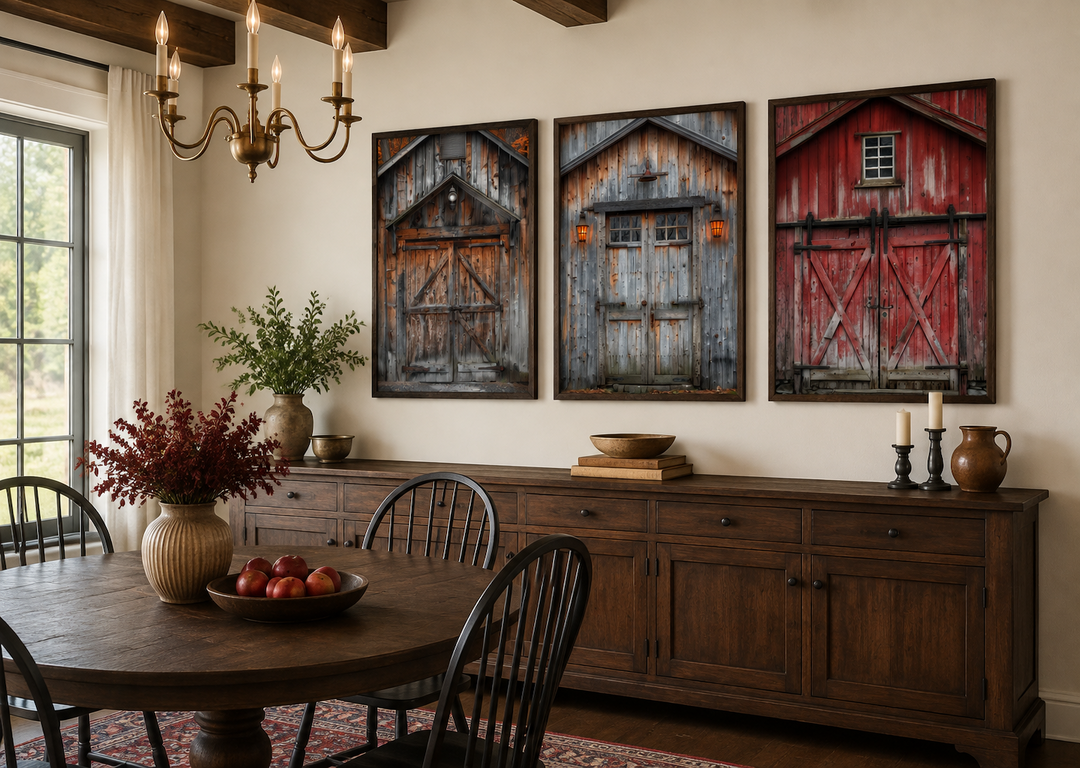 Set of three framed canvas paintings featuring rustic red, brown, and grey barn doors on a wall.