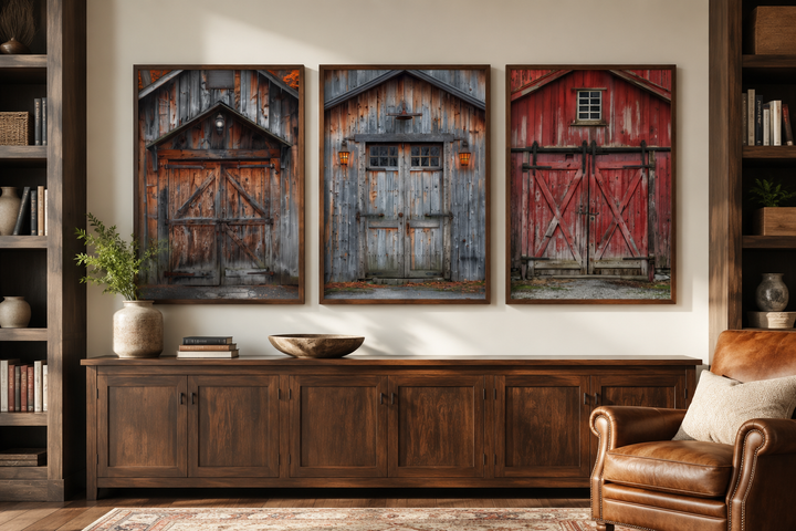 Set of three framed canvas wall art pieces featuring rustic red, brown, and grey barn doors.