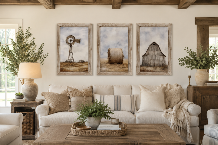 Set of three rustic farmhouse wall art prints featuring a windmill, hay bale, and weathered barn.