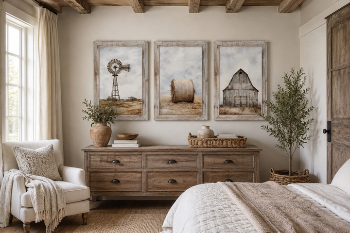 Set of three rustic farmhouse wall art prints featuring a windmill, hay bale, and weathered barn.