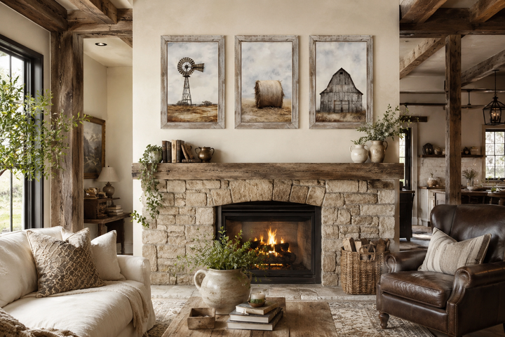 Set of three rustic farmhouse prints featuring a windmill, hay bale, and barn above a fireplace.
