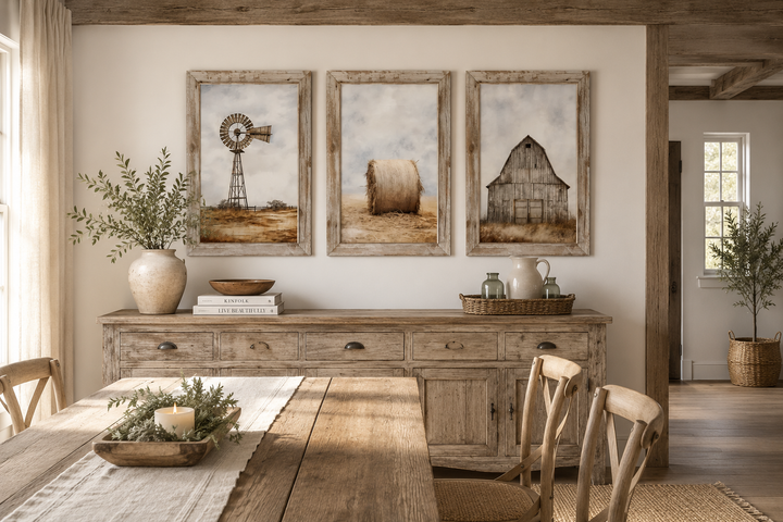 Set of three rustic farmhouse wall art prints featuring a windmill, hay bale, and weathered barn.