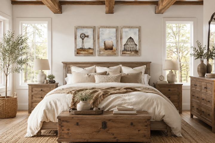Set of three rustic farmhouse wall art prints featuring a windmill, hay bale, and barn above a bed.
