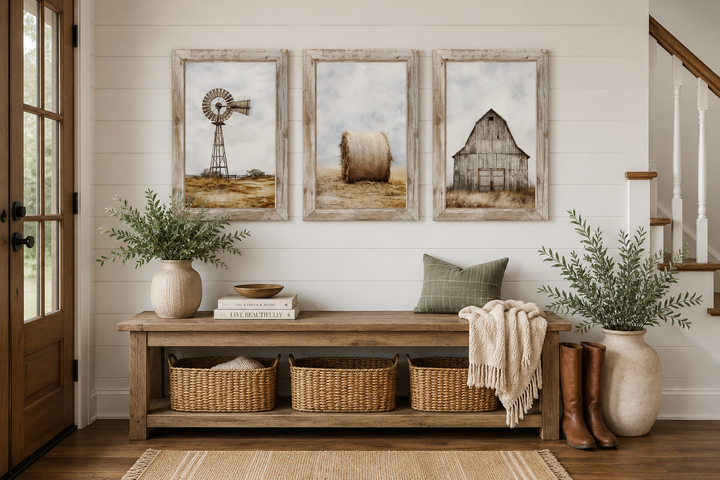 Set of three rustic farmhouse wall art prints featuring a windmill, hay bale, and weathered barn.