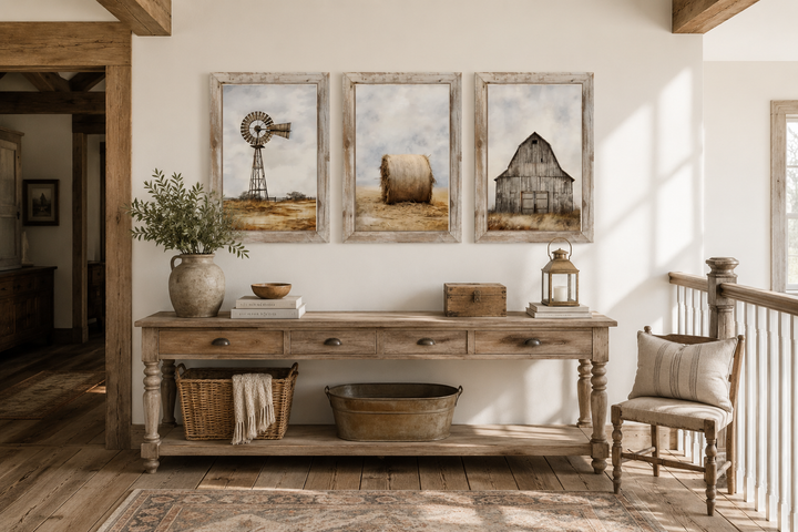 Set of three rustic farmhouse wall art prints featuring a windmill, hay bale, and weathered barn.