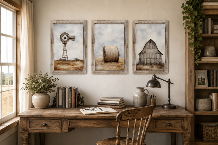 Set of three rustic farmhouse prints featuring a windmill, hay bale, and barn in weathered frames.