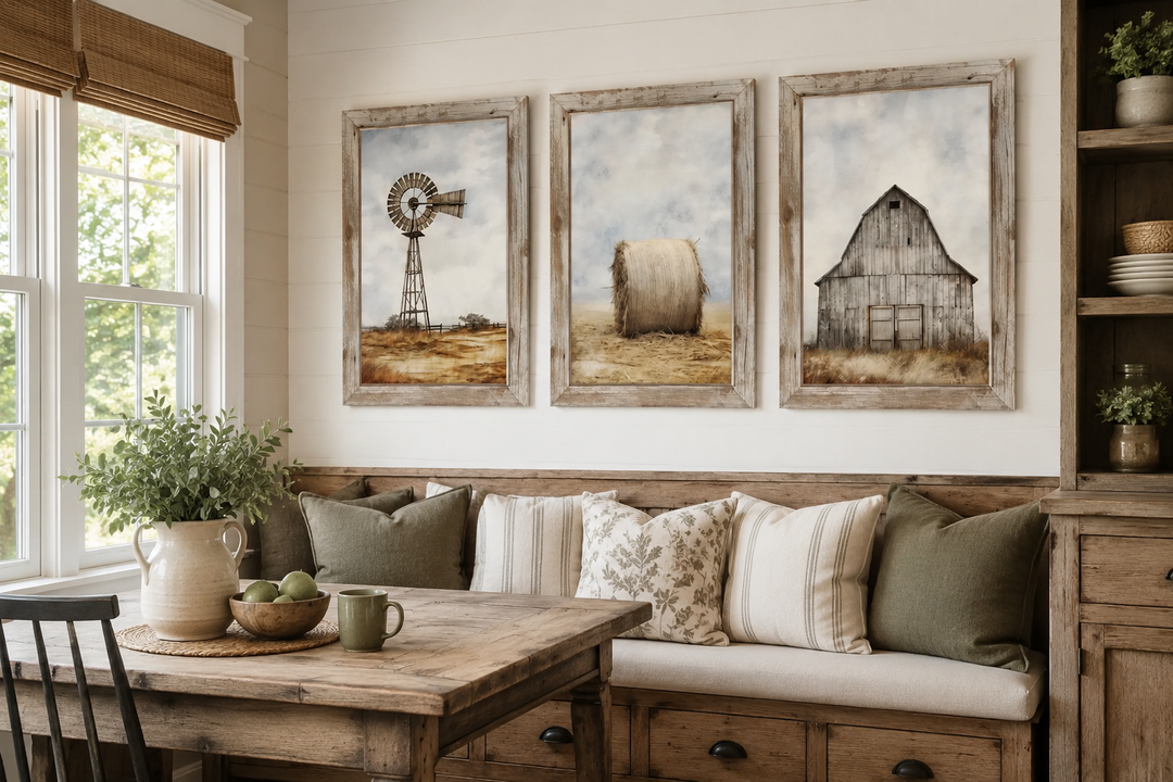 Set of three rustic farmhouse wall art prints featuring a windmill, hay bale, and weathered barn.