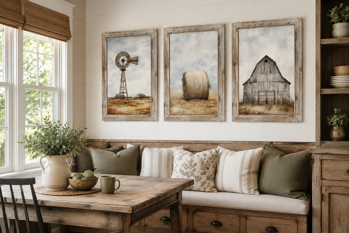 Set of three rustic farmhouse wall art prints featuring a windmill, hay bale, and weathered barn.