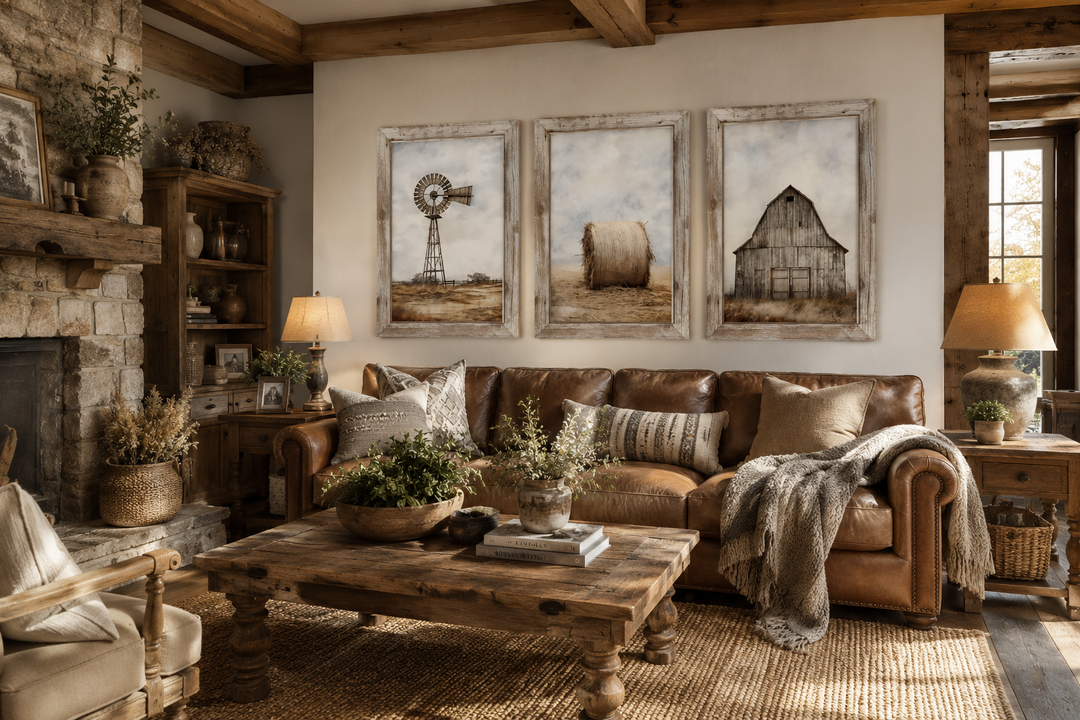 Set of three rustic farmhouse wall art prints featuring a windmill, hay bale, and barn on a wall.