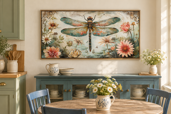 Rustic framed canvas wall art featuring a large dragonfly and colorful flowers over a dining area.
