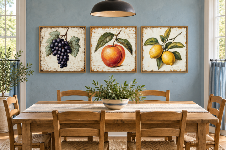 Triptych of vintage botanical fruit art featuring grapes, a peach, and lemons in a dining room.