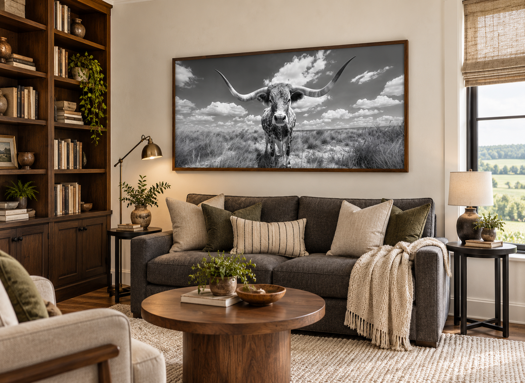 Black and white longhorn photography style framed canvas wall art above a sofa in a living room.