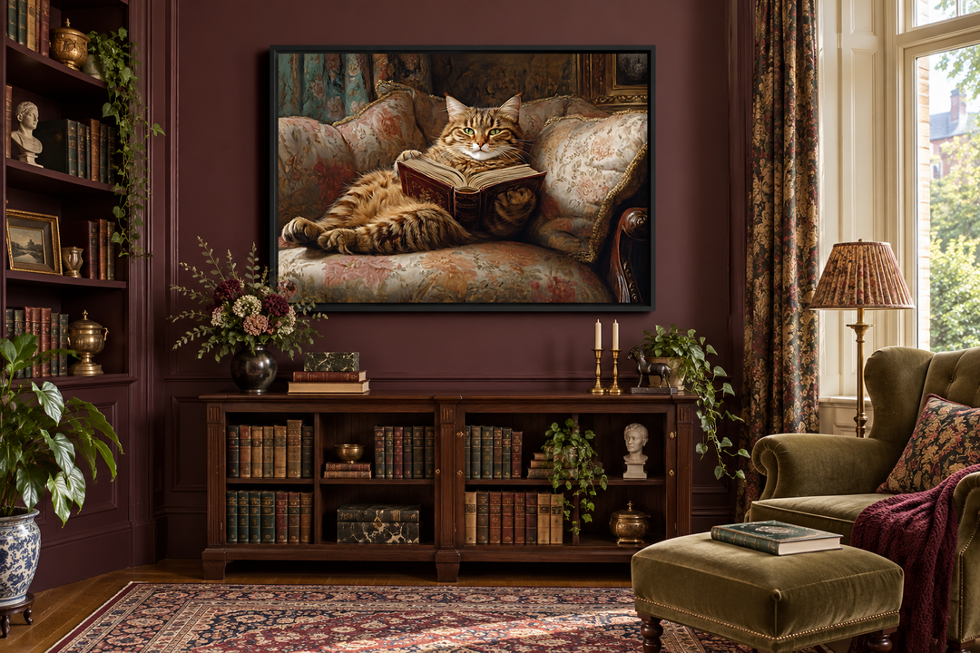 Fat Tabby Cat Reading a Book Wall Art For Funny Library Decor