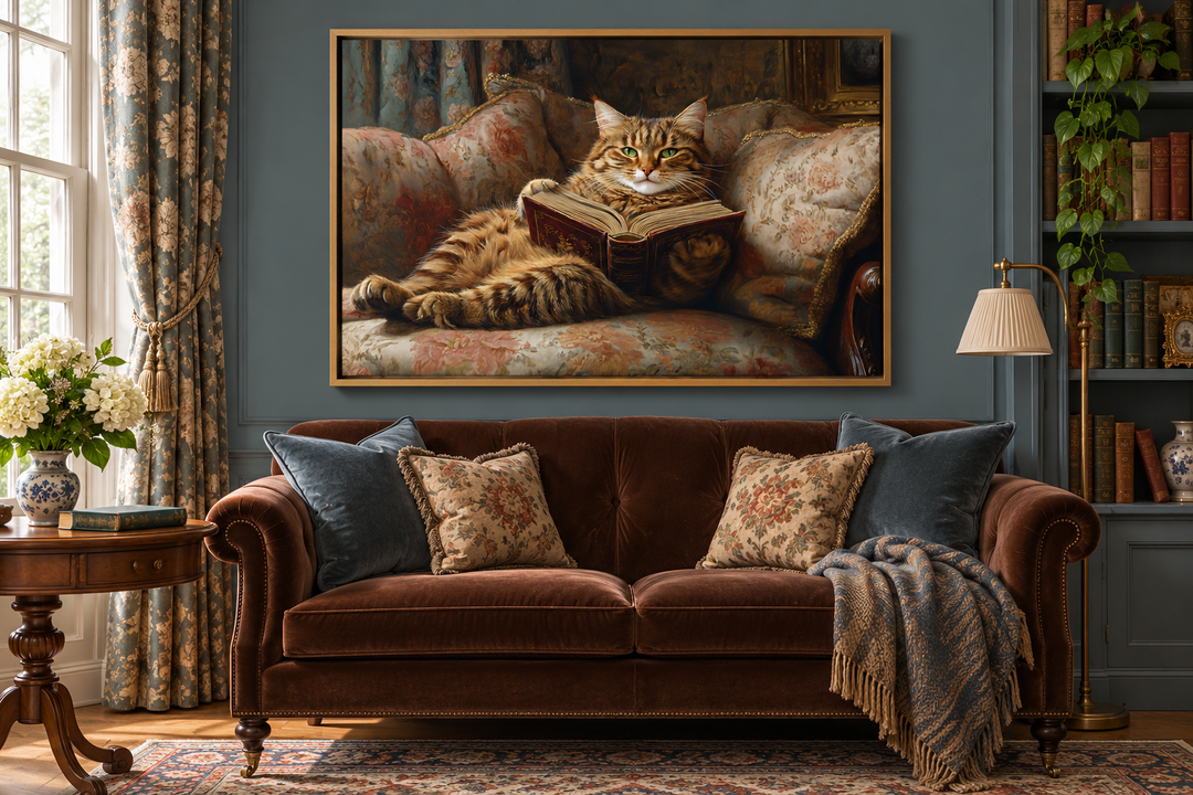 Fat Tabby Cat Reading a Book Wall Art For Funny Library Decor