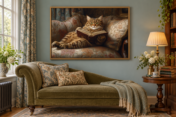 Fat Tabby Cat Reading a Book Wall Art For Funny Library Decor