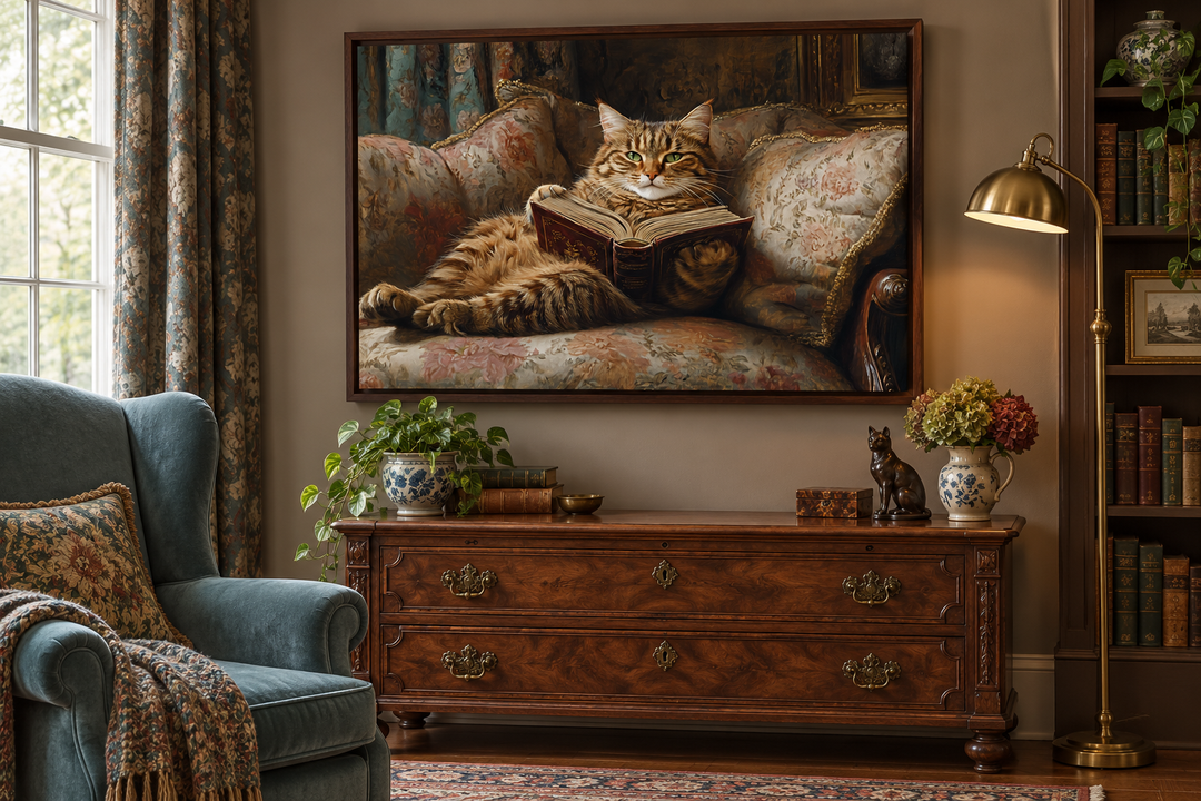 Fat Tabby Cat Reading a Book Wall Art For Funny Library Decor