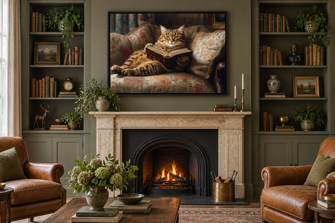 Fat Tabby Cat Reading a Book Wall Art For Funny Library Decor