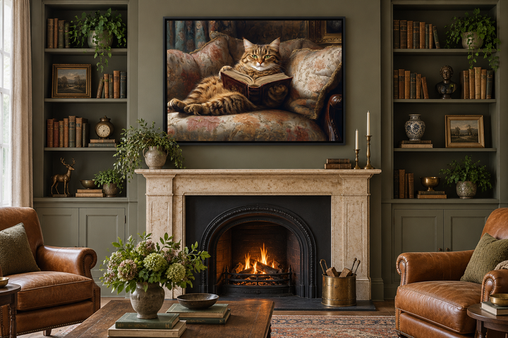 Fat Tabby Cat Reading a Book Wall Art For Funny Library Decor