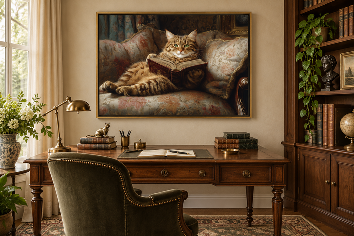 Fat Tabby Cat Reading a Book Wall Art For Funny Library Decor