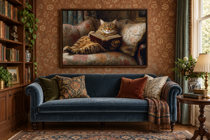 Fat Tabby Cat Reading a Book Wall Art For Funny Library Decor