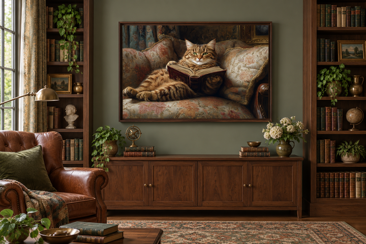 Fat Tabby Cat Reading a Book Wall Art For Funny Library Decor