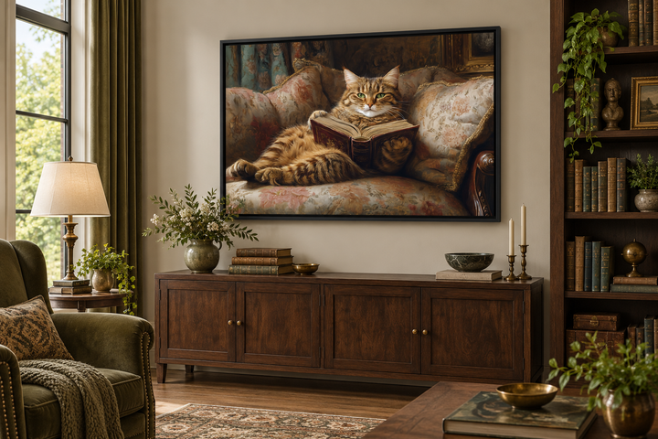 Fat Tabby Cat Reading a Book Wall Art For Funny Library Decor