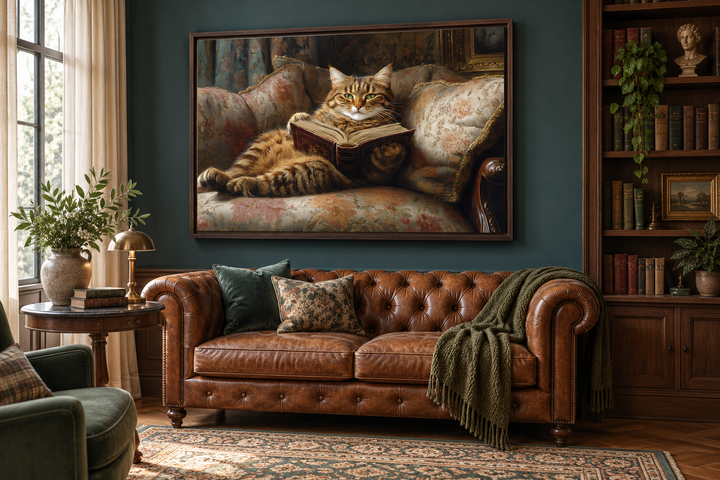 Fat Tabby Cat Reading a Book Wall Art For Funny Library Decor