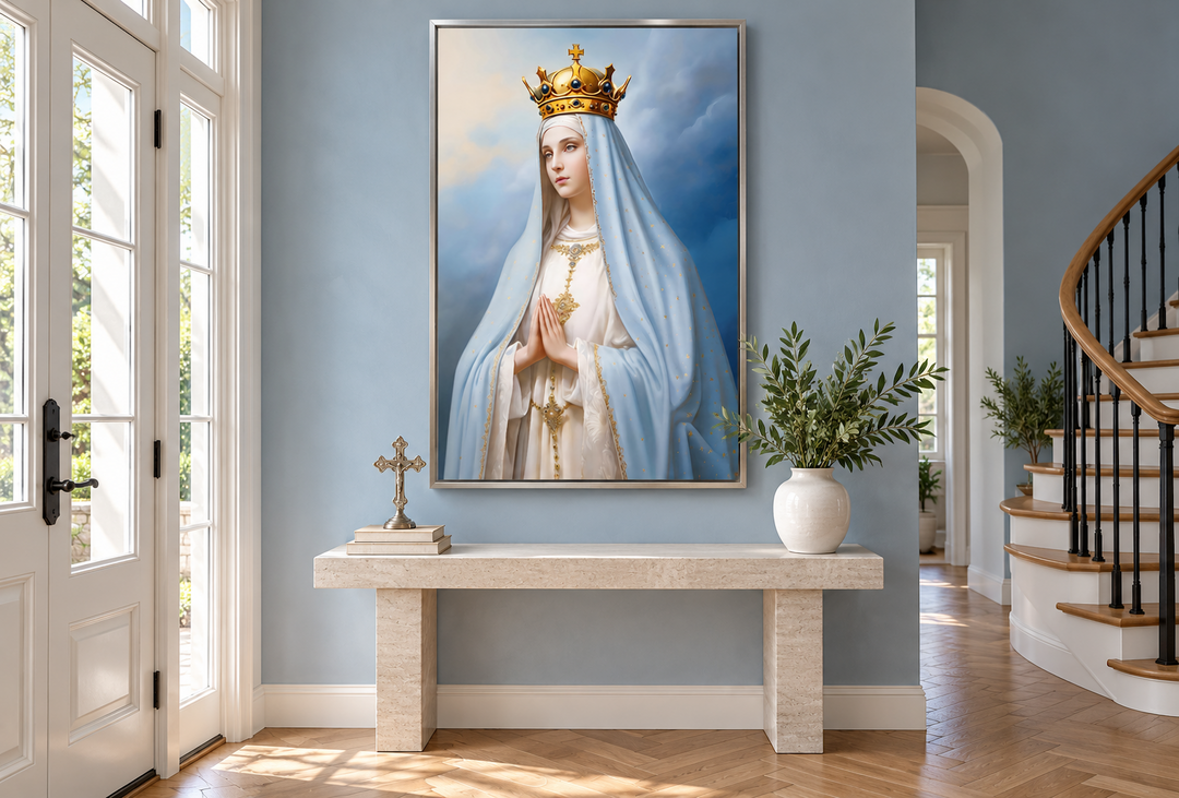 Framed canvas of Our Lady of Fatima in a blue robe and gold crown, hanging in a modern foyer.