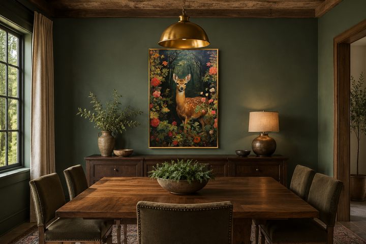 Rehkitz Baby Reh im Wald Forestcore Gerahmte Leinwand Wandkunst