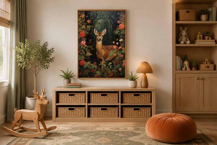 Rehkitz Baby Reh im Wald Forestcore Gerahmte Leinwand Wandkunst
