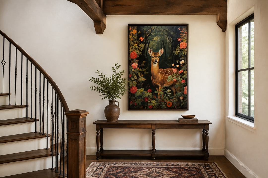 Rehkitz Baby Reh im Wald Forestcore Gerahmte Leinwand Wandkunst