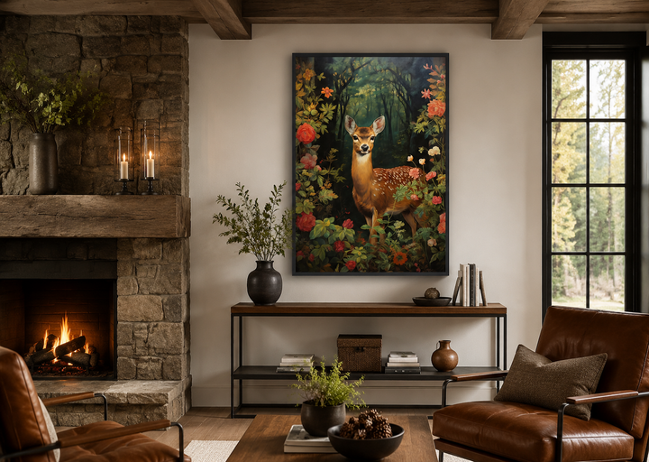 Rehkitz Baby Reh im Wald Forestcore Gerahmte Leinwand Wandkunst