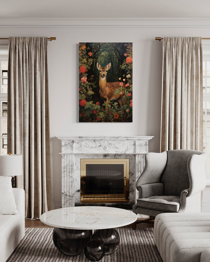 Fawn baby deer in forest painting on framed canvas wall art.