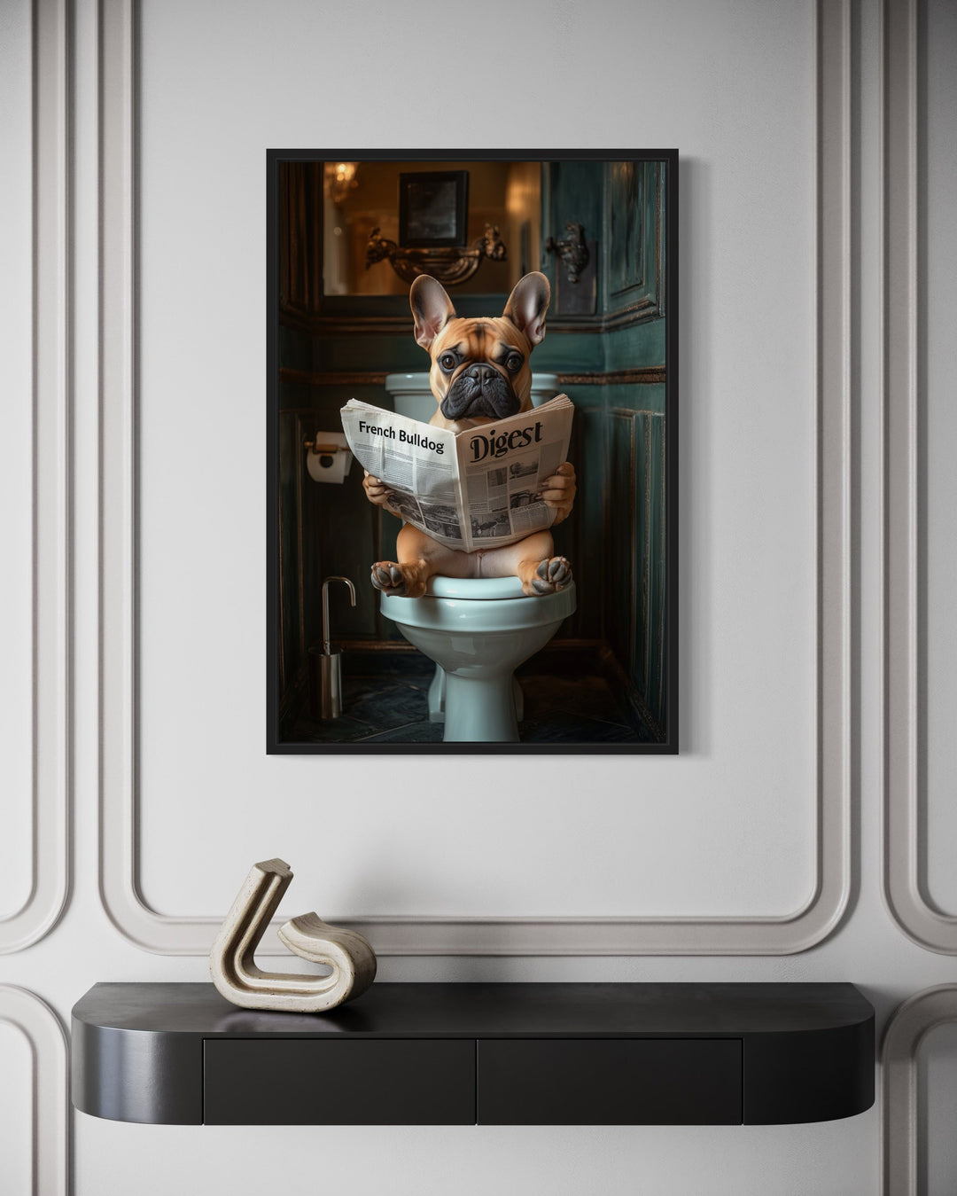 Fawn French Bulldog On The Toilet Reading Newspaper picture