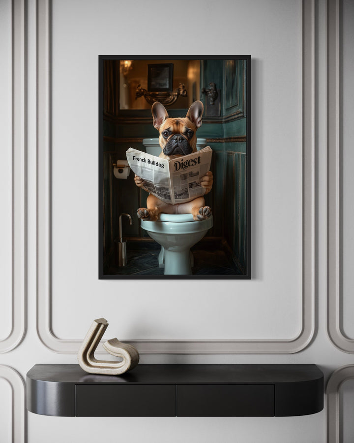 Fawn French Bulldog On The Toilet Reading Newspaper Picture