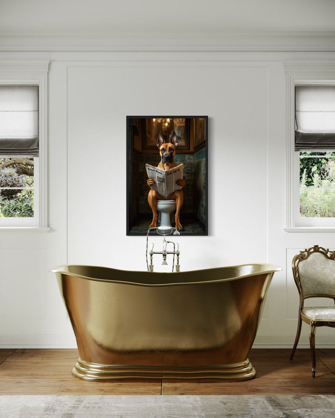 Fawn Great Dane On The Toilet Reading Newspaper Picture above gold bathtub