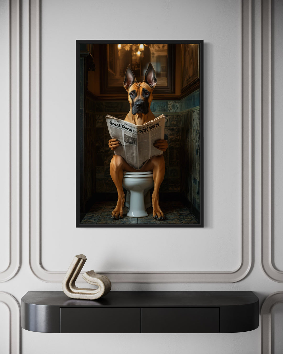 Fawn Great Dane On The Toilet Reading Newspaper Picture