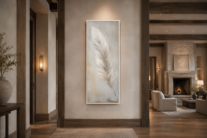 Tall vertical framed canvas wall art featuring a white feather on a rustic wood-textured background.